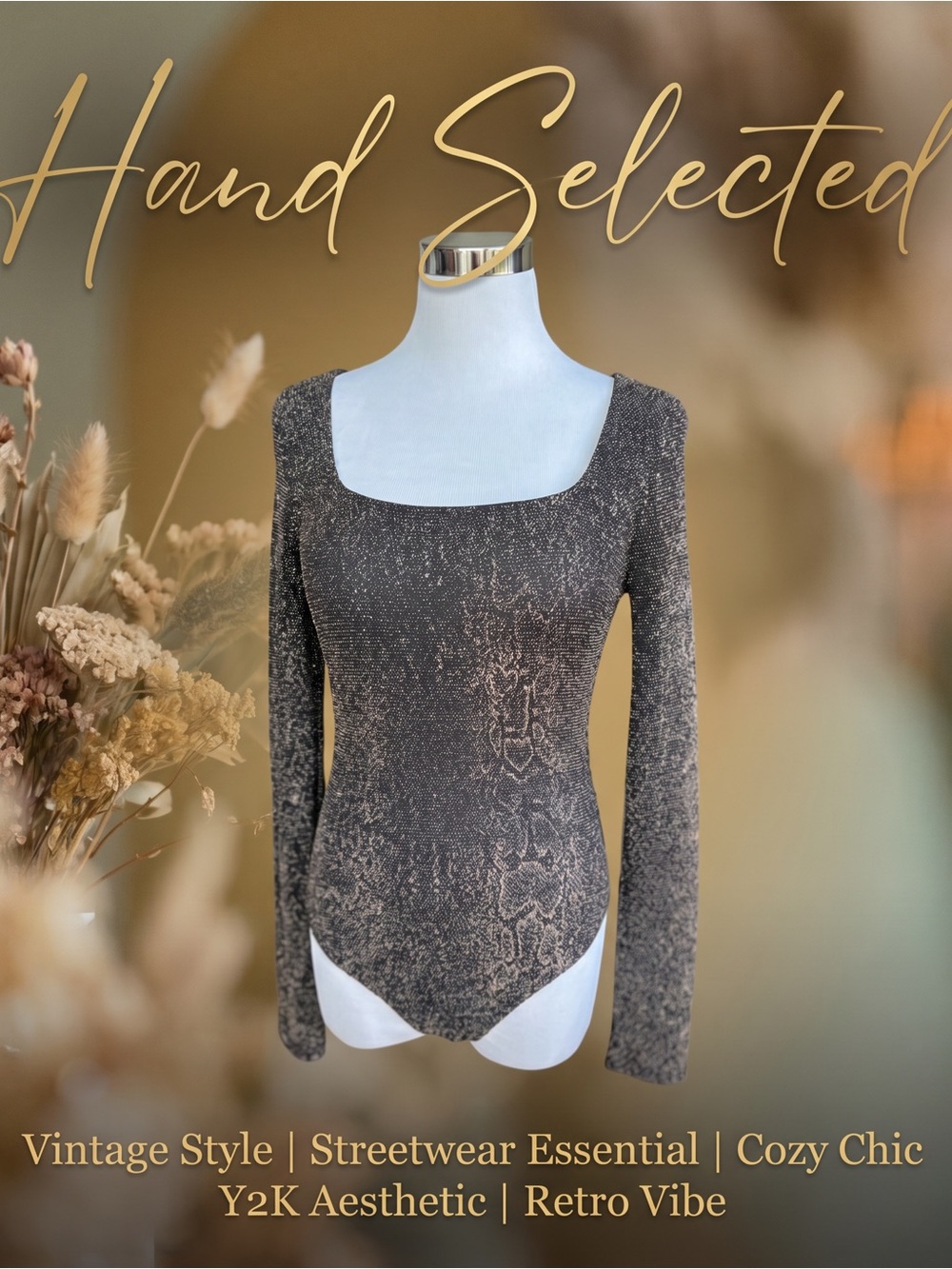 Lush Black Metallic Snakeskin Bodysuit Square Neck Long Sleeve Mob Wife S